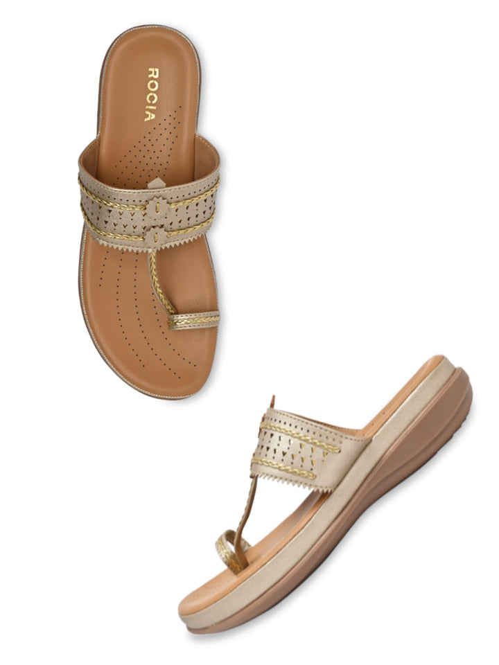 Rocia By Regal Gold Women Kolhapuri Flat Comfort Sandals