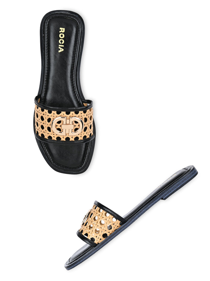 Rocia By Regal Black Women Cane Buckled Sliders
