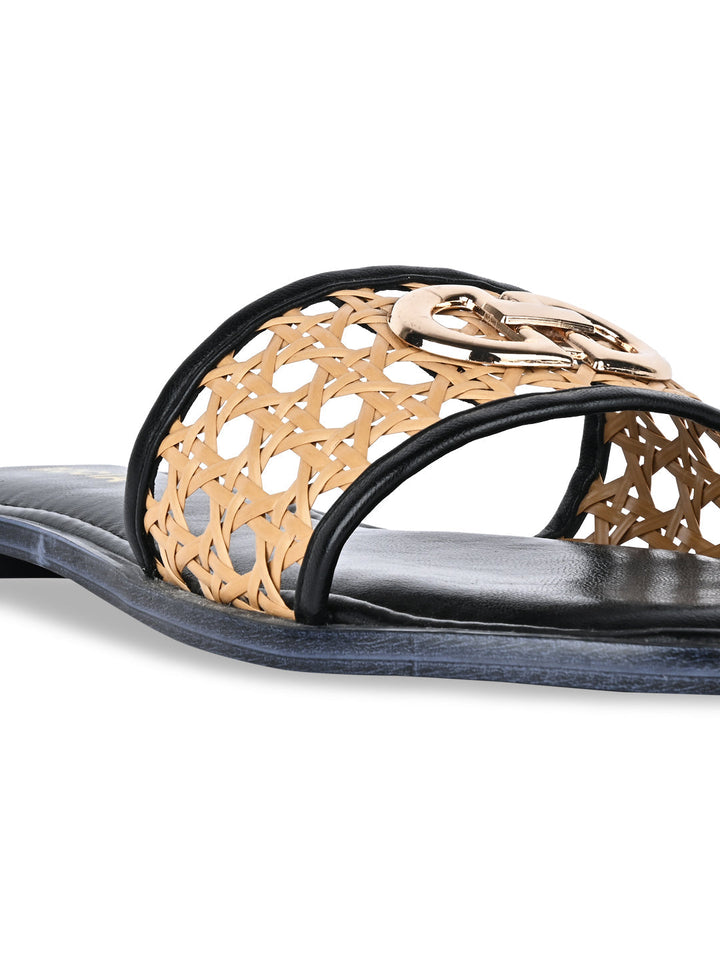 Rocia By Regal Black Women Cane Buckled Sliders