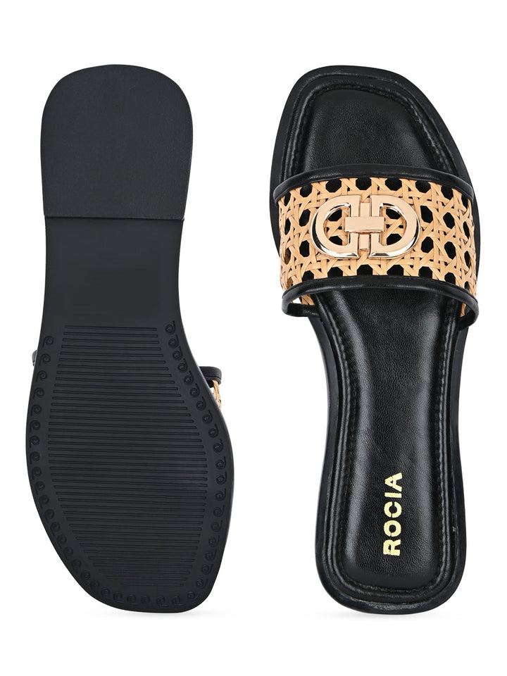 Rocia By Regal Black Women Cane Buckled Sliders
