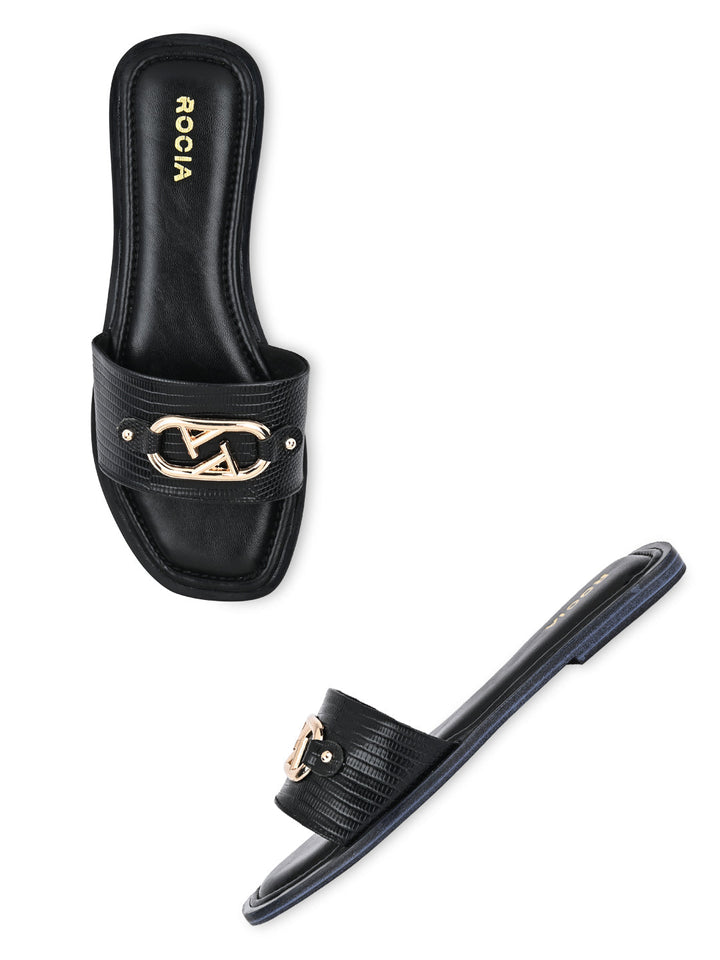 Rocia By Regal Black Women Textured Buckled Sliders