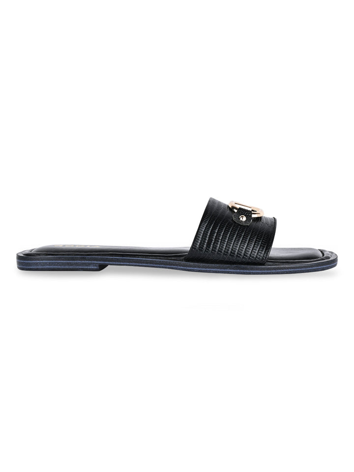 Rocia By Regal Black Women Textured Buckled Sliders