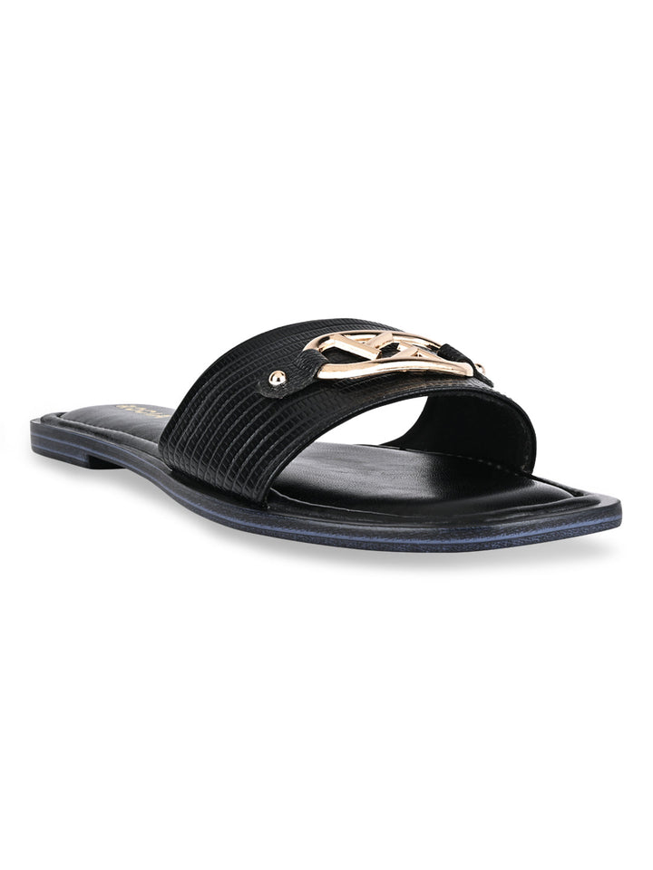 Rocia By Regal Black Women Textured Buckled Sliders