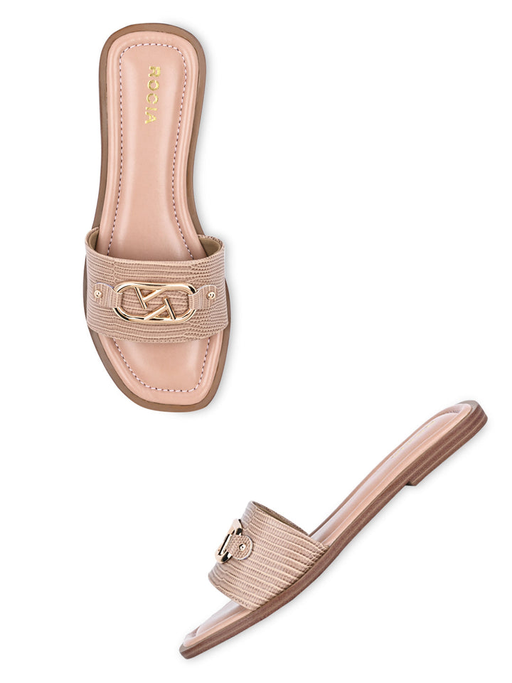 Rocia By Regal Nude Women Textured Buckled Sliders