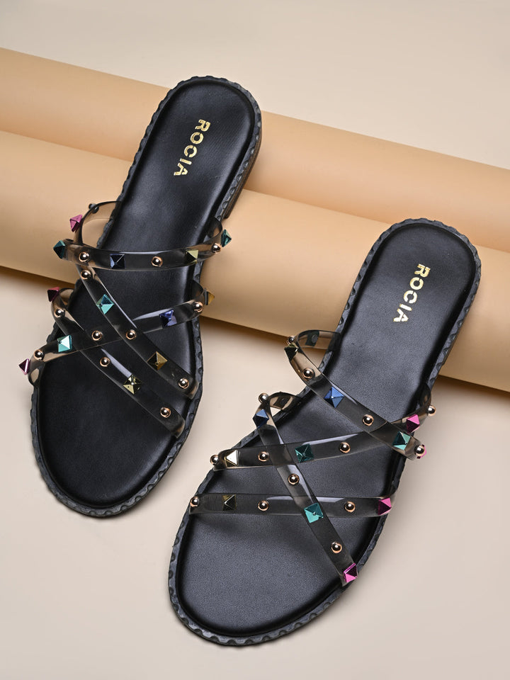 Rocia By Regal Black Women Strappy Vinyl Flats