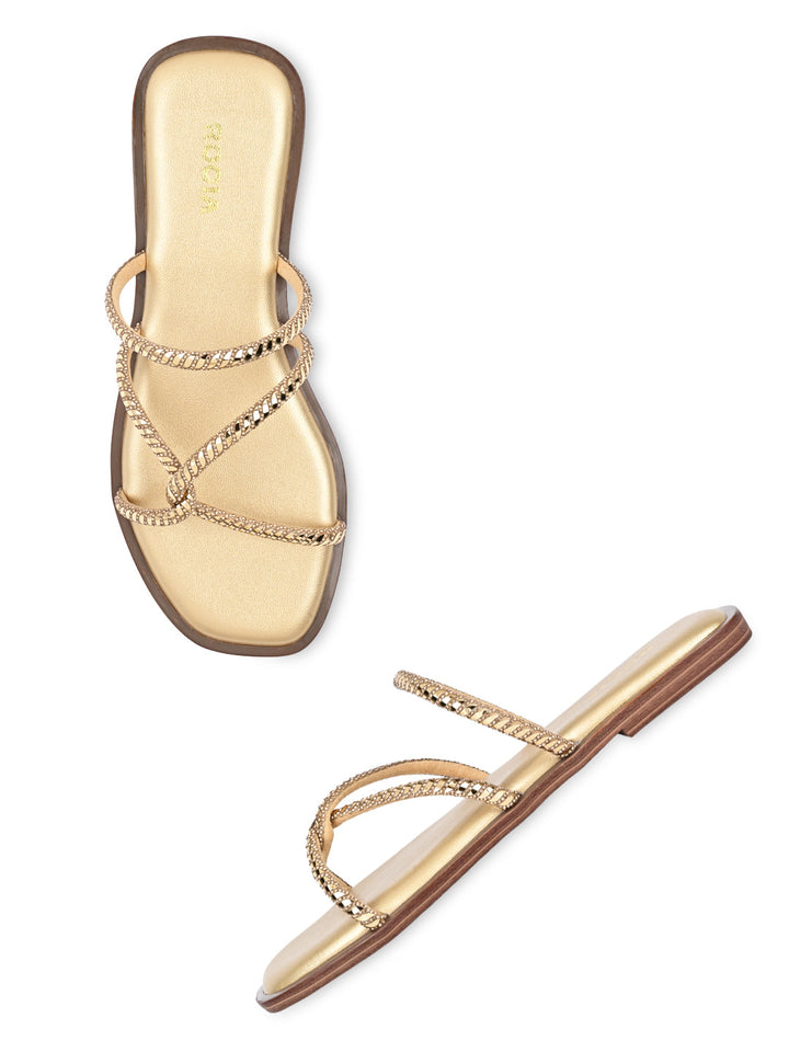 Rocia By Regal Gold Women Strappy Diamond Embellished Flats