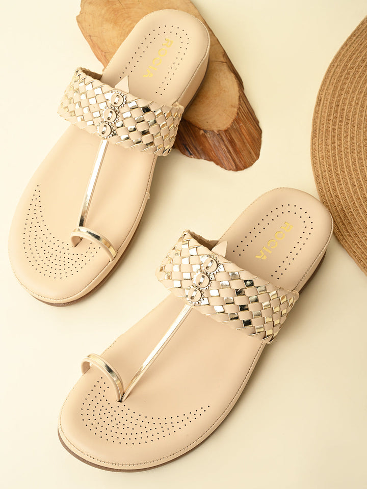 Rocia By Regal Beige Women Woven Kolhapuri Comfort Flats