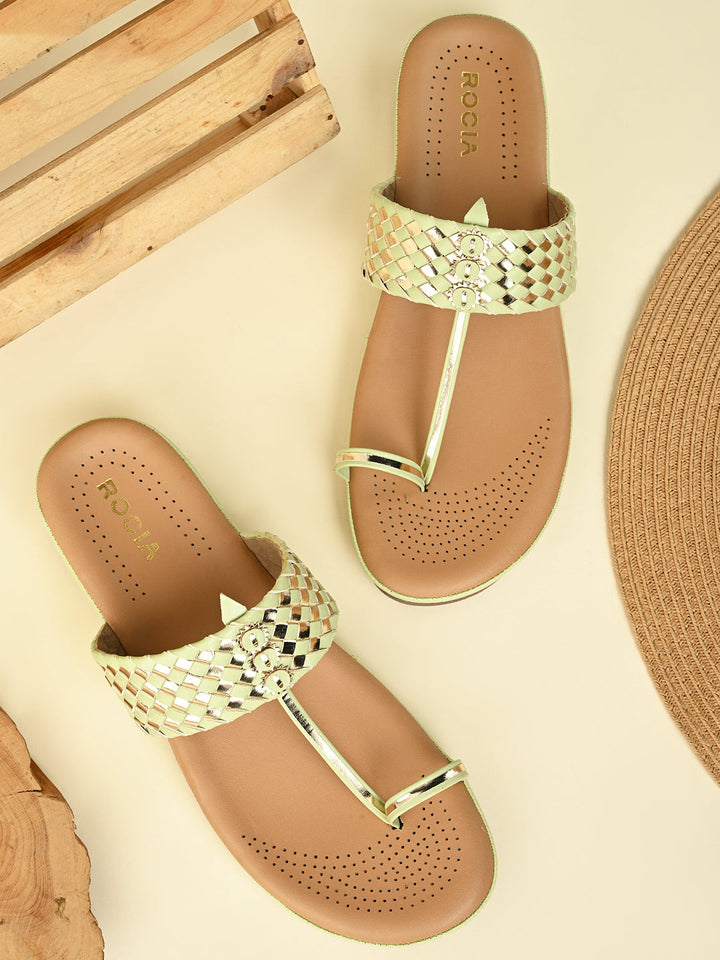 Rocia By Regal Green Women Woven Kolhapuri Comfort Flats