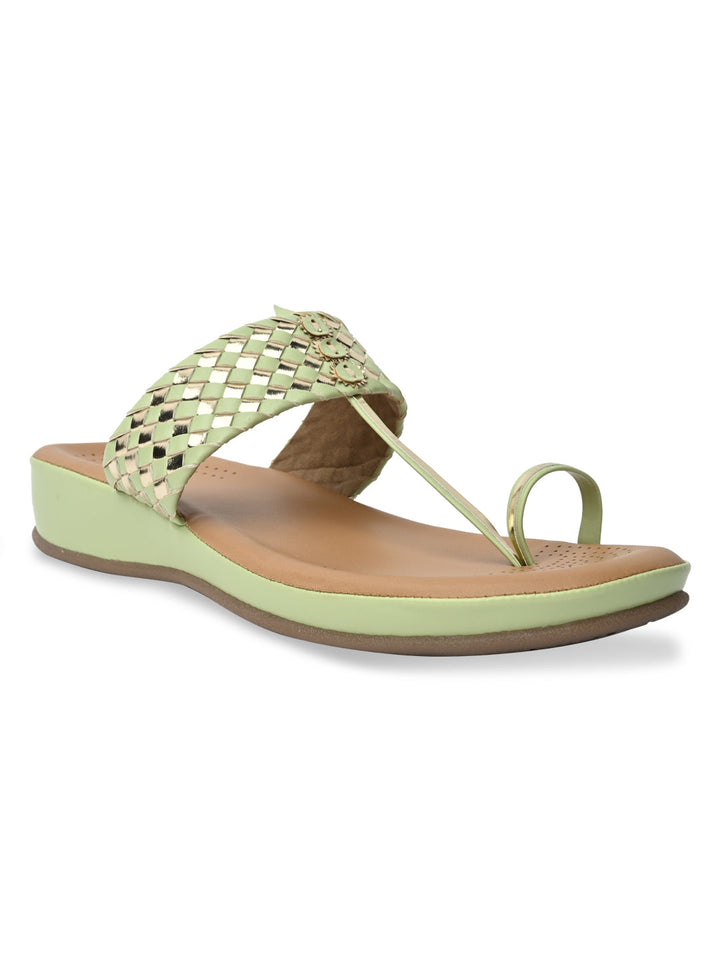 Rocia By Regal Green Women Woven Kolhapuri Comfort Flats