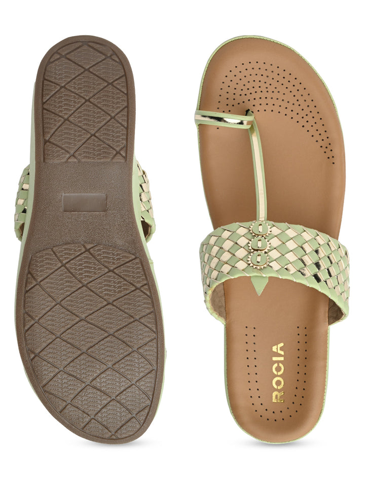 Rocia By Regal Green Women Woven Kolhapuri Comfort Flats