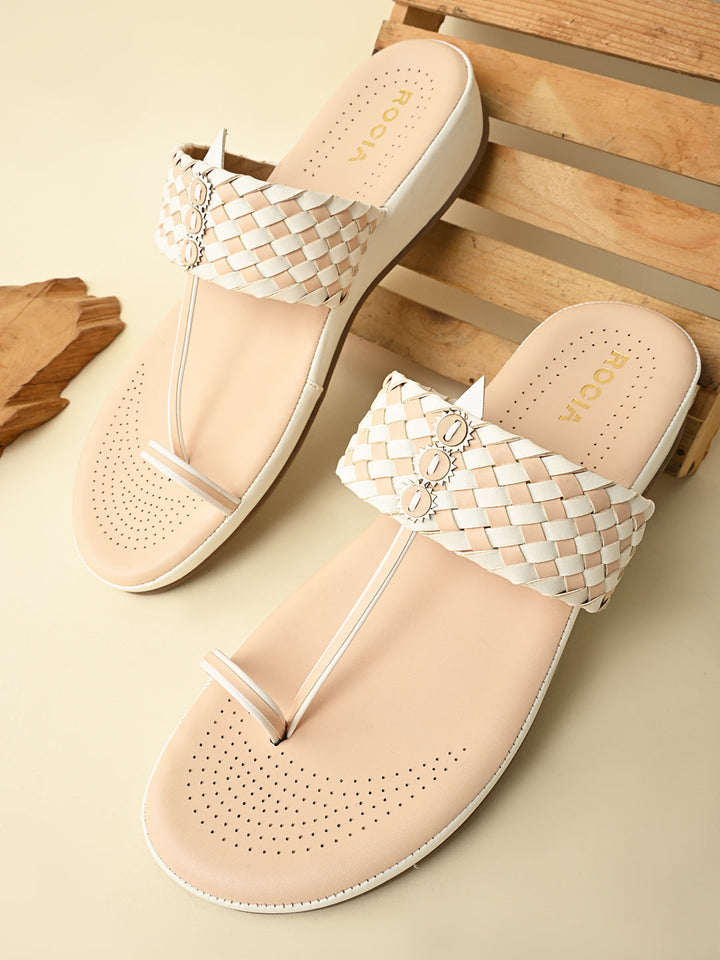 Rocia By Regal White Women Woven Kolhapuri Comfort Flats