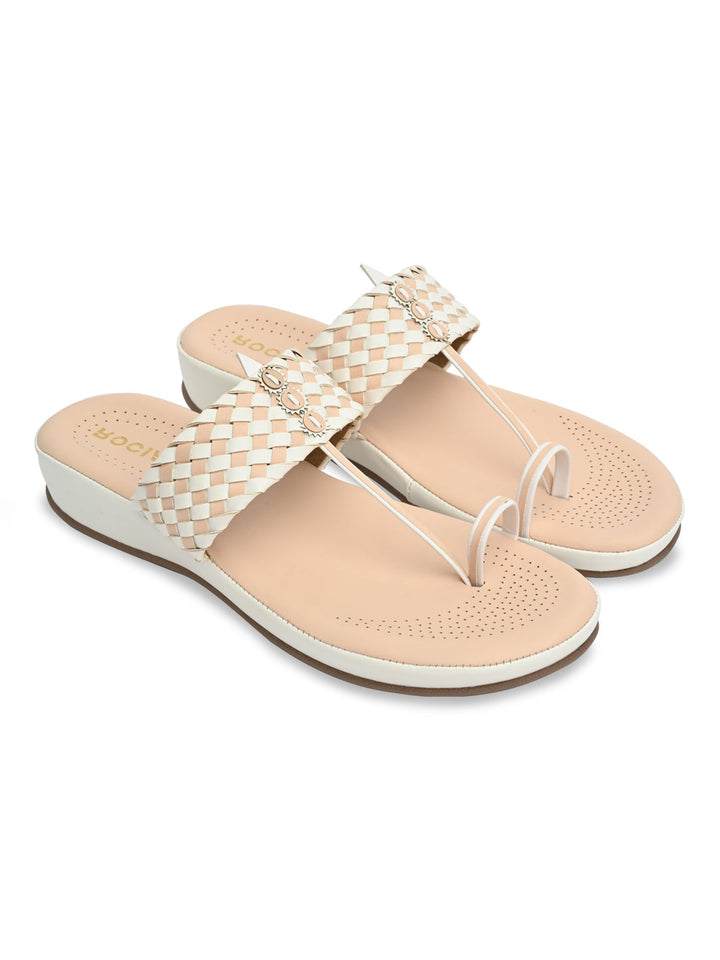 Rocia By Regal White Women Woven Kolhapuri Comfort Flats