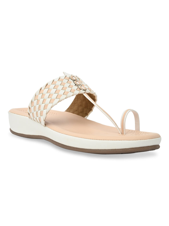 Rocia By Regal White Women Woven Kolhapuri Comfort Flats