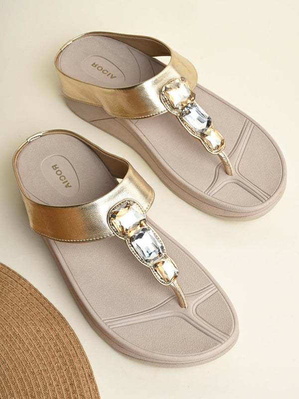 Rocia By Regal Gold Women Diamond Studded Comfort Flats