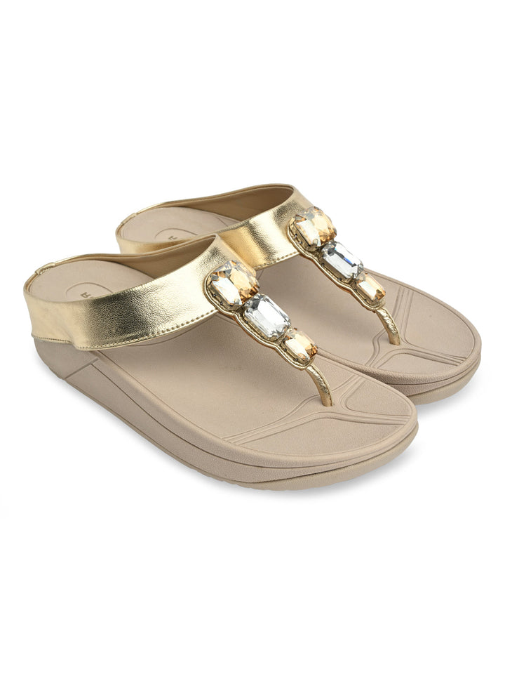 Rocia By Regal Gold Women Diamond Studded Comfort Flats