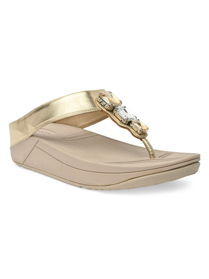 Rocia By Regal Gold Women Diamond Studded Comfort Flats