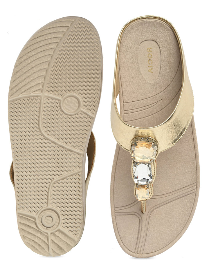 Rocia By Regal Gold Women Diamond Studded Comfort Flats