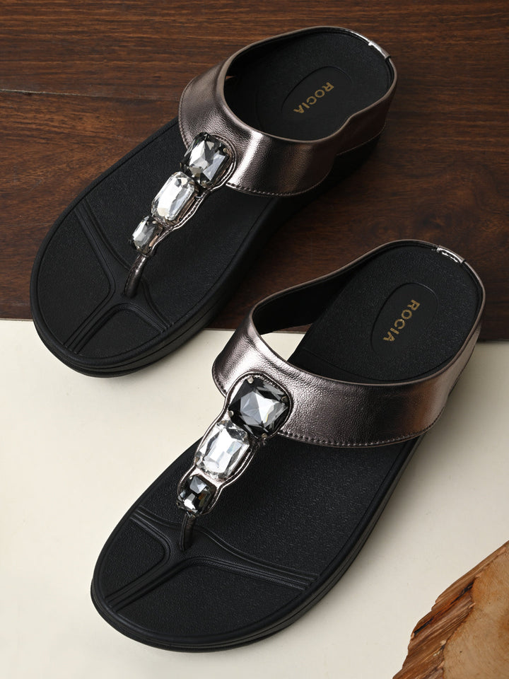 Rocia By Regal Gun Metal Women Diamond Studded Comfort Flats