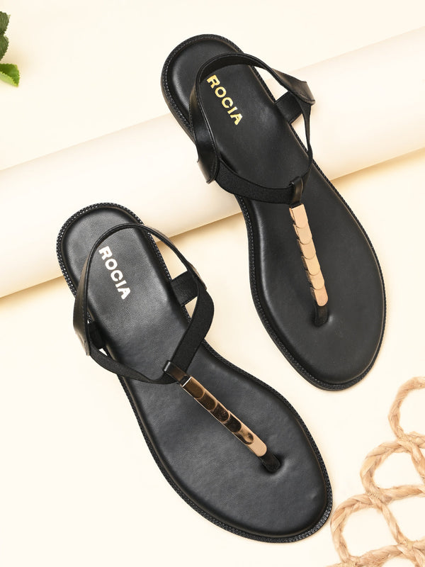 Rocia By Regal Black Women T Strap Flat Sandal