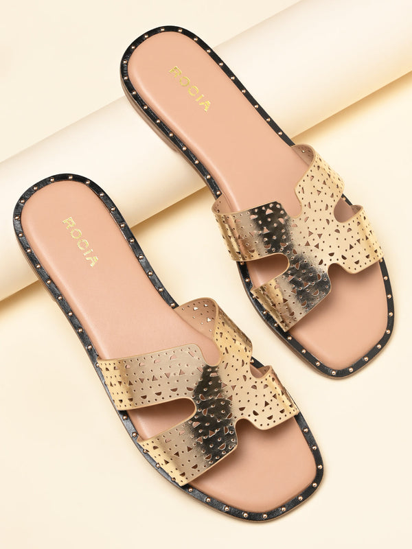 Rocia By Regal Gold Women Laser Cut H Flats