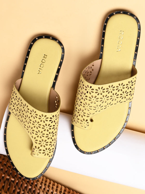 Rocia By Regal Mustard Women One Toe Laser Cut Flats