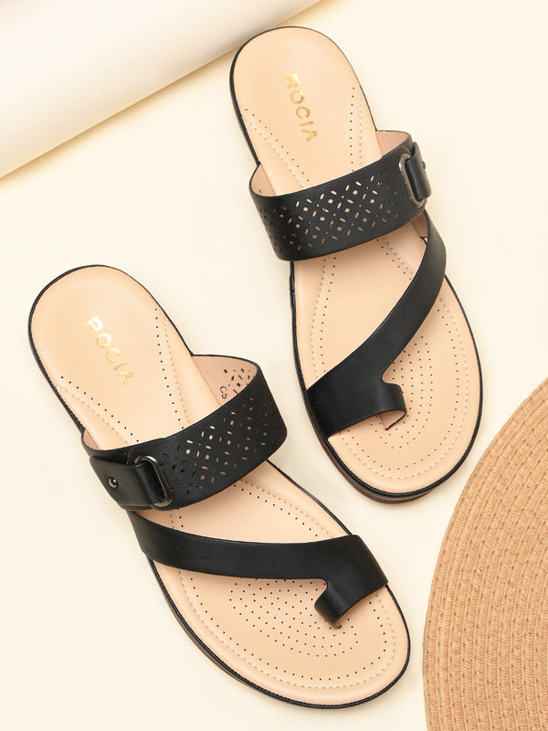 Rocia By Regal Black Women One Toe Comfort Sandals