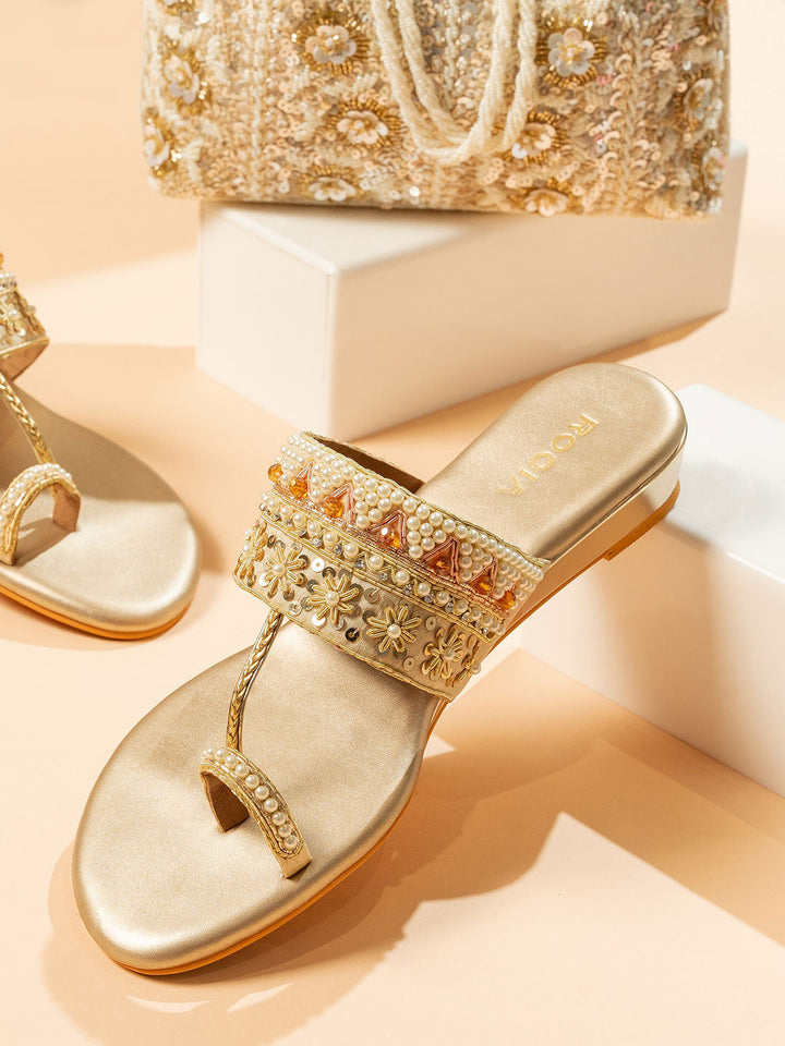 Rocia By Regal Gold Women Hand Embroidered Flats