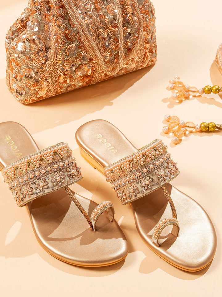 Rocia By Regal Rose Gold Women Hand Embroidered Flats