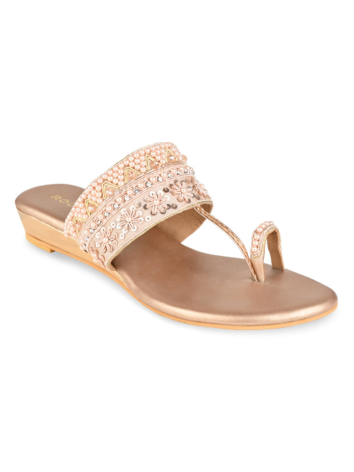 Rocia By Regal Rose Gold Women Hand Embroidered Flats