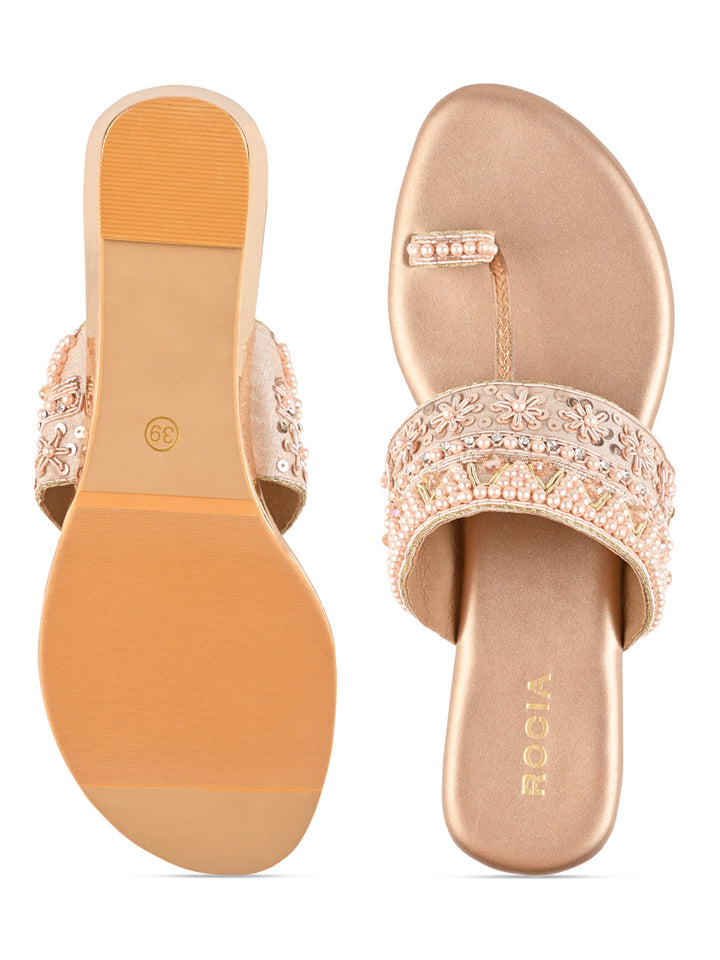 Rocia By Regal Rose Gold Women Hand Embroidered Flats