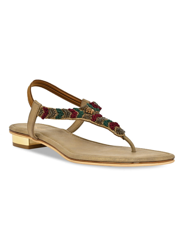 Rocia By Regal Antique Gold Women Casual Embroidered Flat Sandals