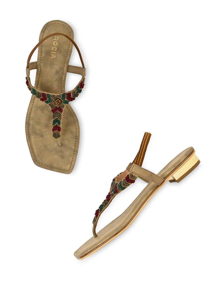 Rocia By Regal Antique Gold Women Casual Embroidered Flat Sandals