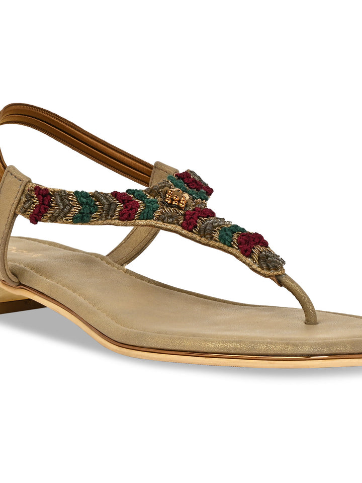 Rocia By Regal Antique Gold Women Casual Embroidered Flat Sandals