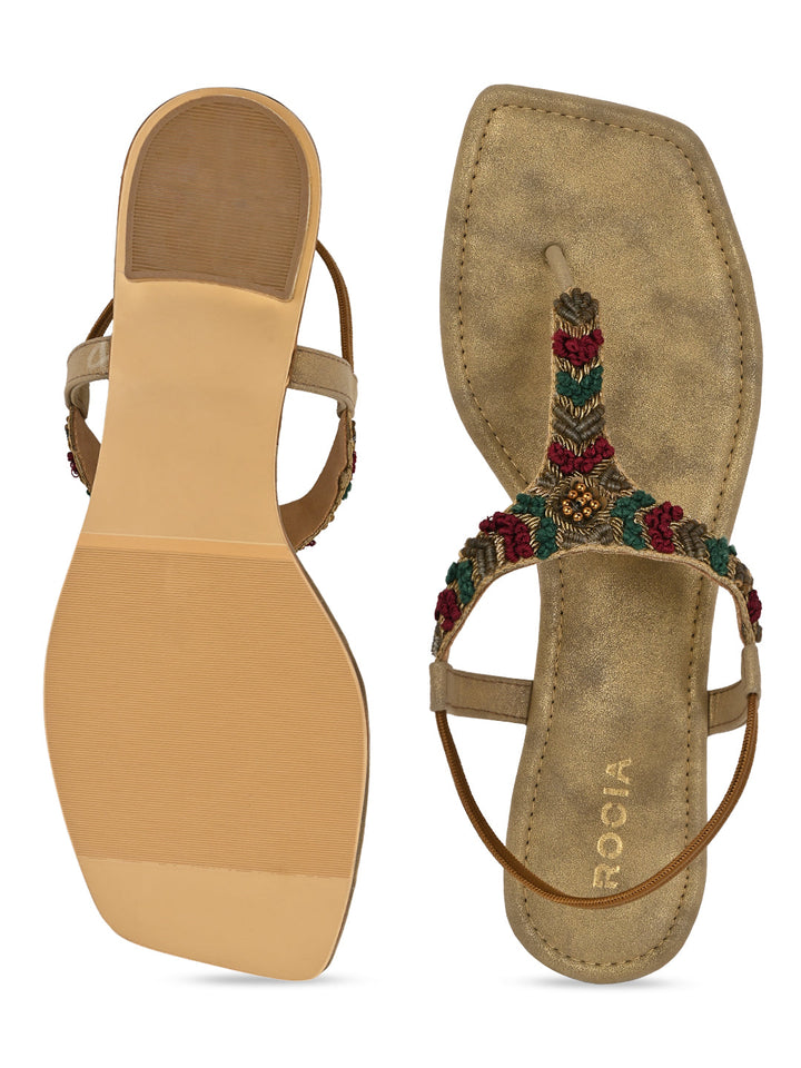 Rocia By Regal Antique Gold Women Casual Embroidered Flat Sandals
