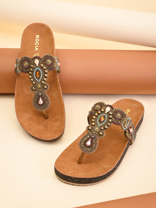 Rocia By Regal Antique Gold Women Embroidered Flats