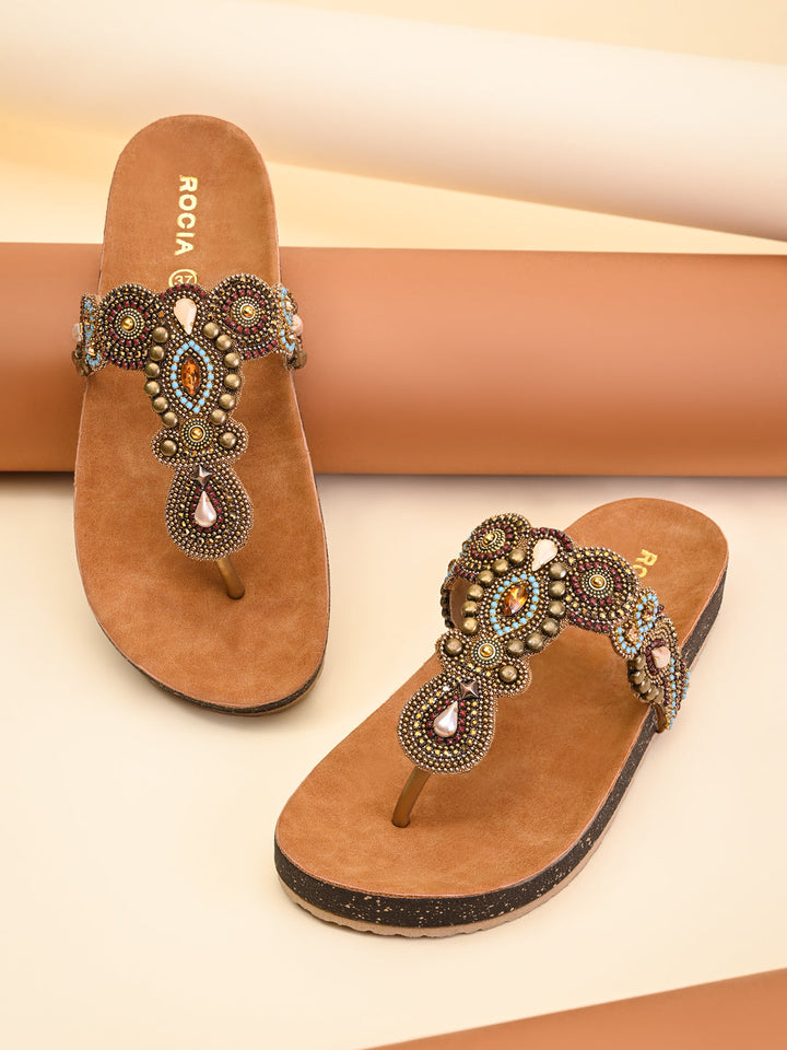 Rocia By Regal Antique Gold Women Embroidered Flats