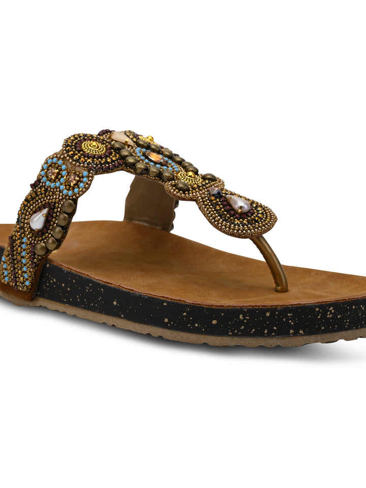 Rocia By Regal Antique Gold Women Embroidered Flats