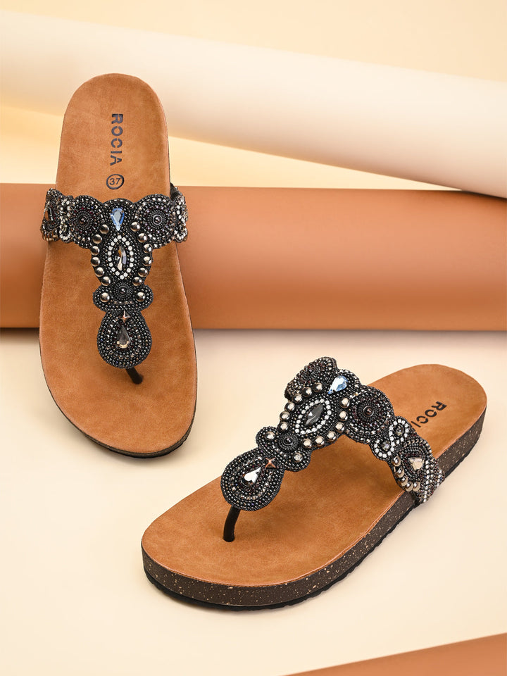 Rocia By Regal Black Women Embroidered Flats