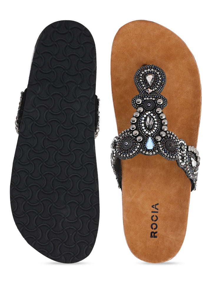Rocia By Regal Black Women Embroidered Flats
