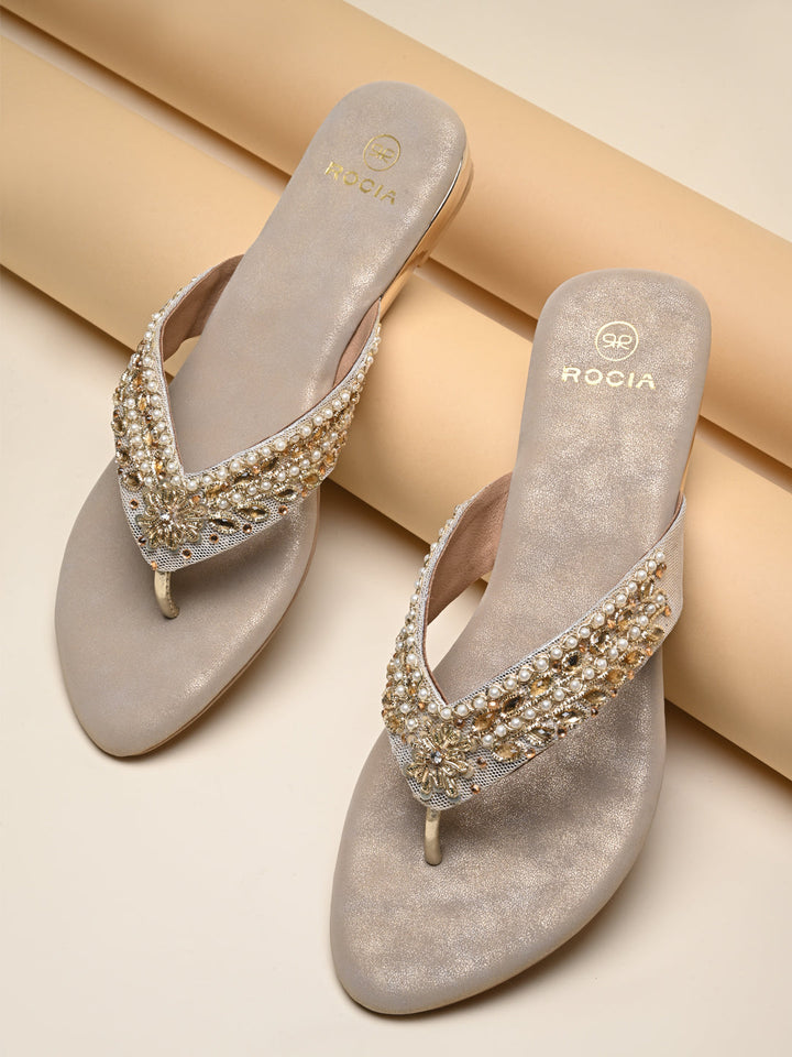 Rocia By Regal Gold Women Embroidered Thong Flats