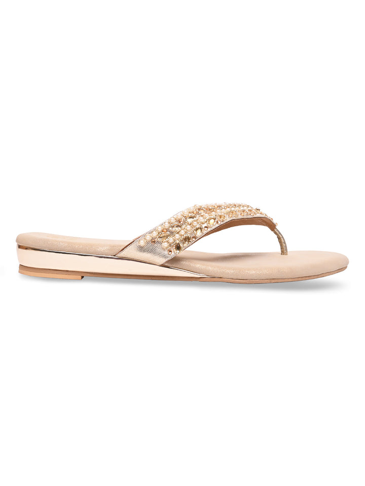 Rocia By Regal Gold Women Embroidered Thong Flats