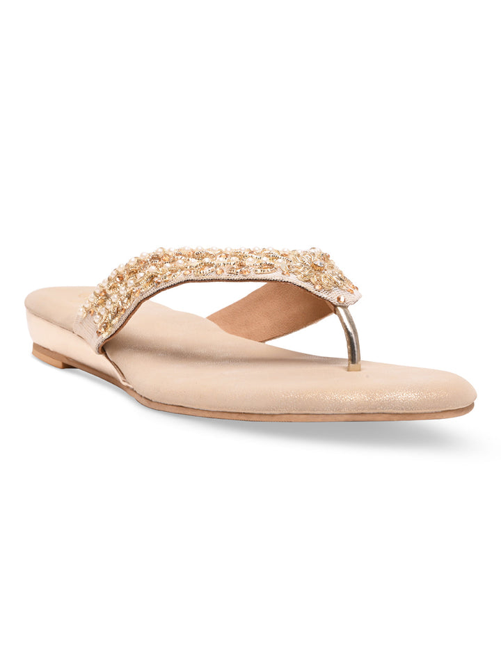 Rocia By Regal Gold Women Embroidered Thong Flats