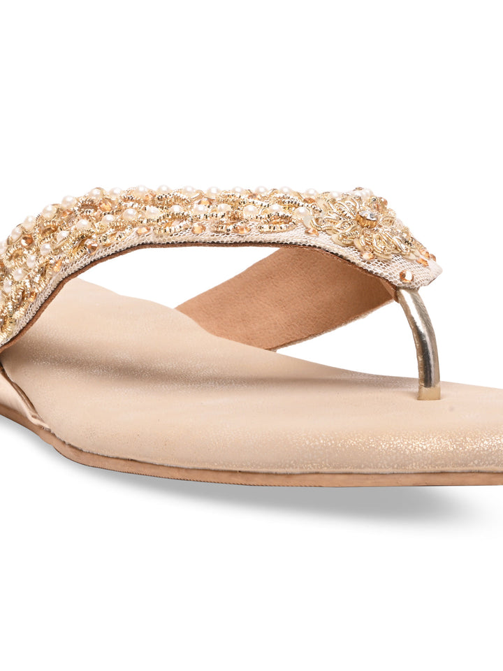 Rocia By Regal Gold Women Embroidered Thong Flats