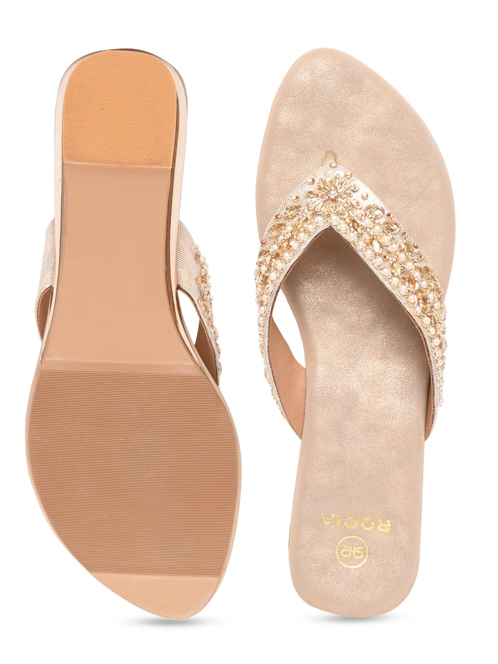 Rocia By Regal Gold Women Embroidered Thong Flats