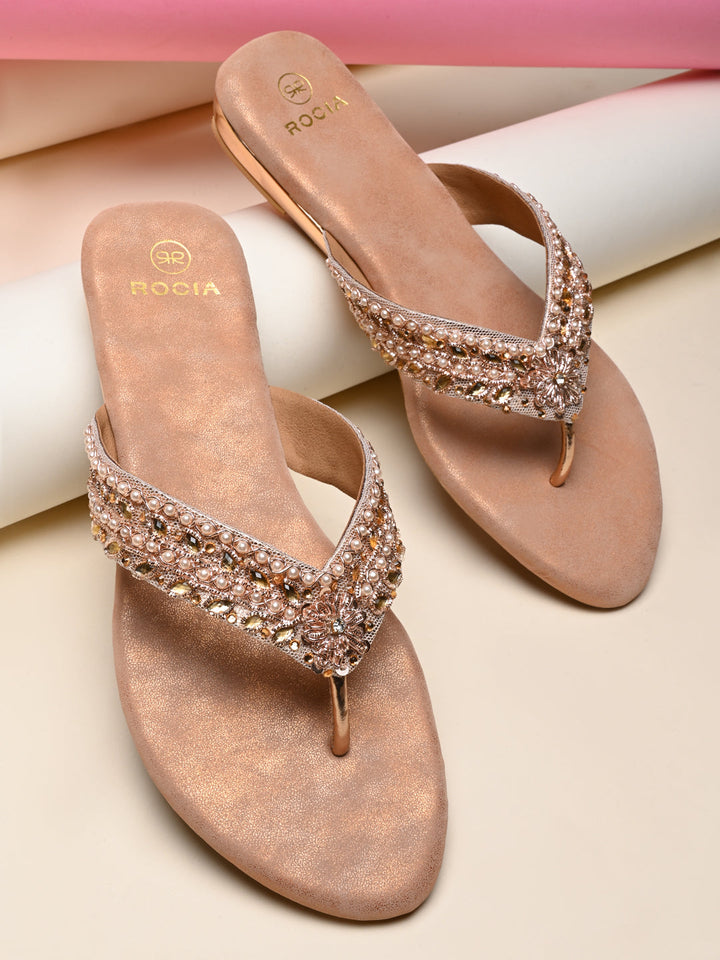 Rocia By Regal Rose Gold Women Embroidered Thong Flats