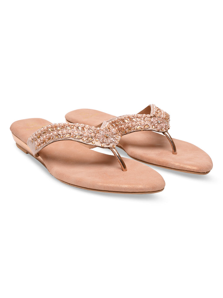 Rocia By Regal Rose Gold Women Embroidered Thong Flats