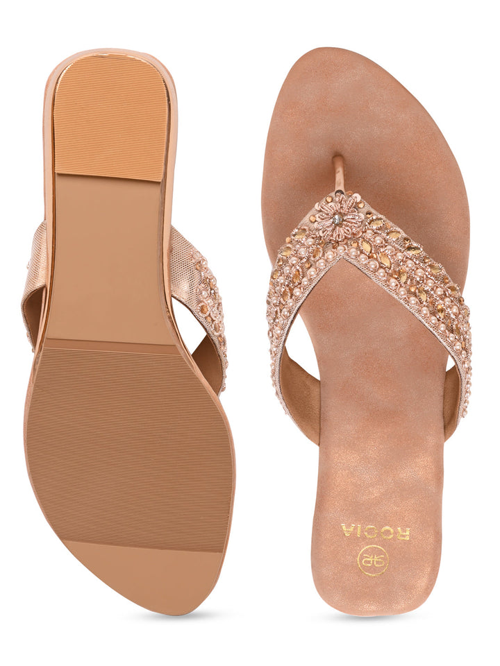 Rocia By Regal Rose Gold Women Embroidered Thong Flats