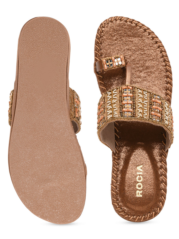 Rocia By Regal Antique Gold Women Embroidered Cushioned Flats
