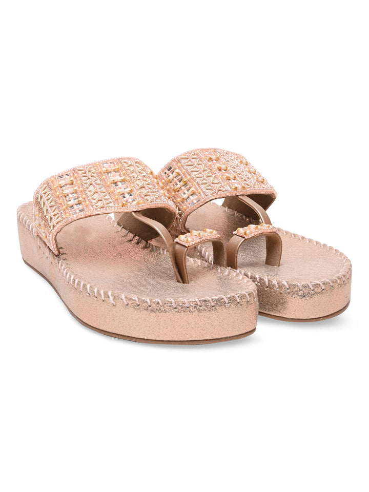 Rocia By Regal Rose Gold Women Embroidered Cushioned Flats