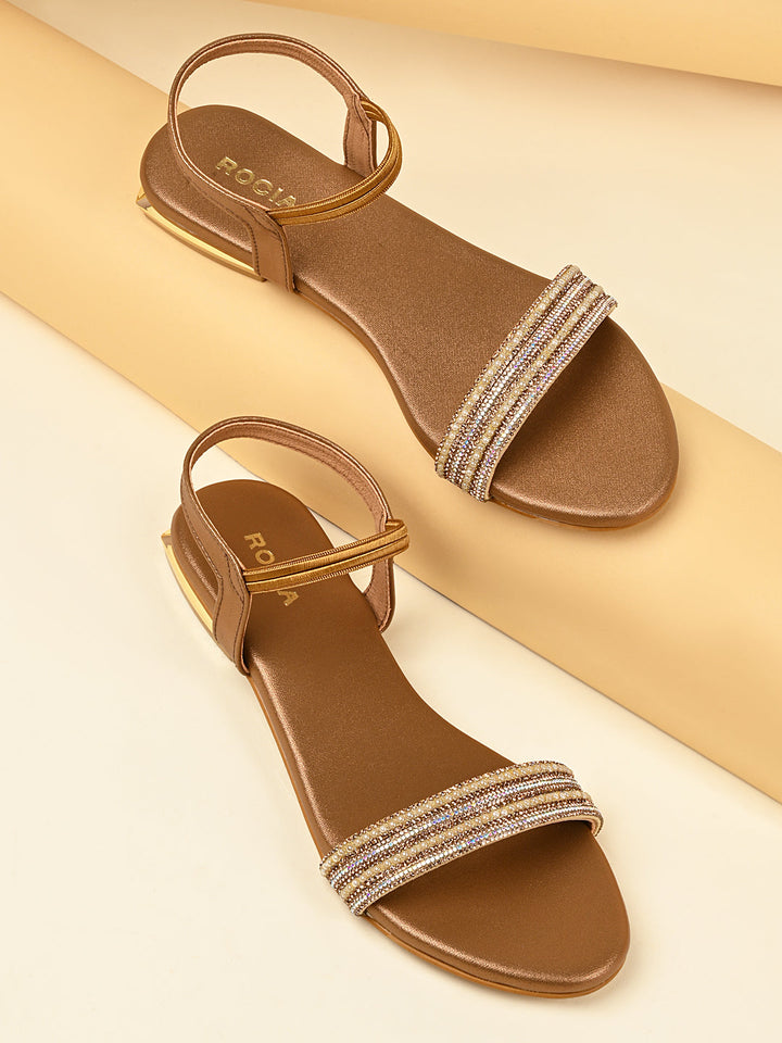 Rocia By Regal Antique Gold Women Diamond Flat Sandals
